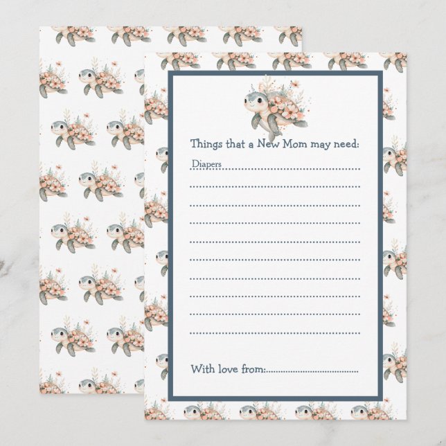 Cute Floral Turtle Baby Shower Einladung (Vorne/Hinten)