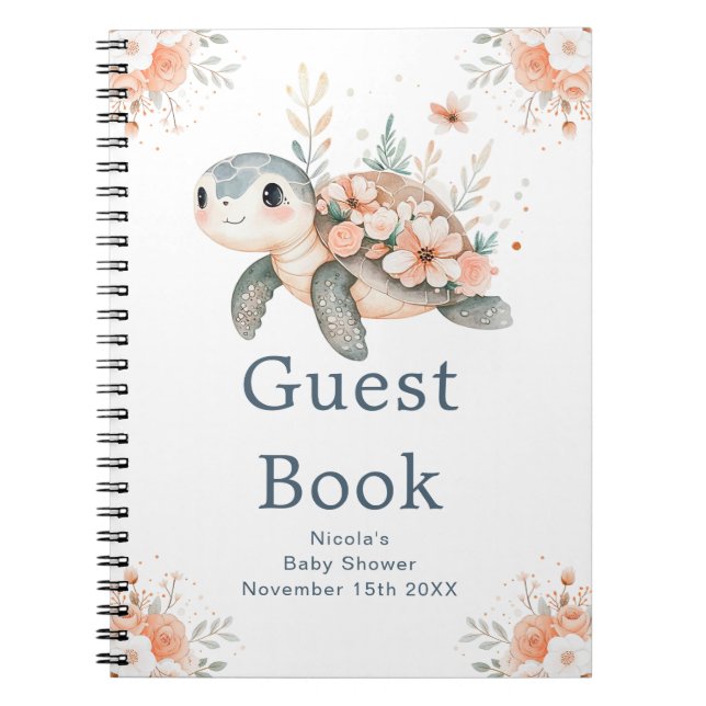 Cute Floral Turtle Baby Shower Guest Book Notizblock (Vorderseite)