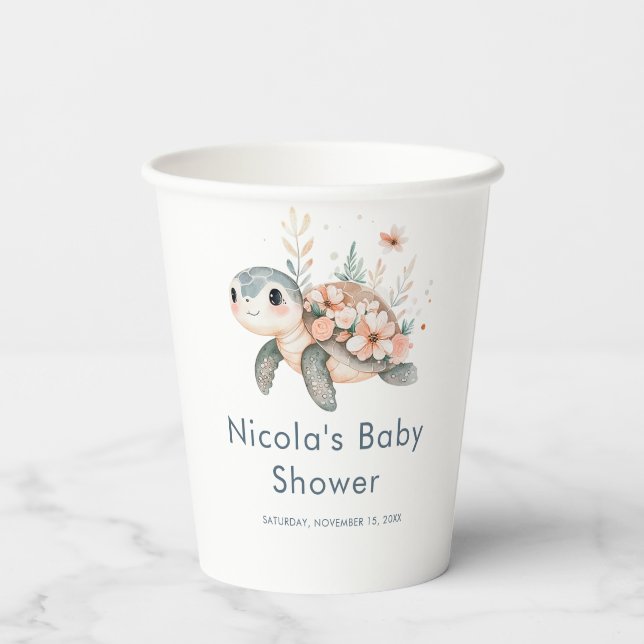 Cute Floral Turtle Baby Shower Pappbecher (Rückseite)