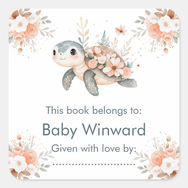 Cute Floral Turtle Baby Shower Quadratischer Aufkleber (Vorderseite)