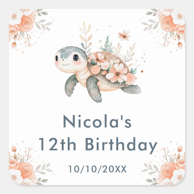 Cute Floral Turtle Birthday Party Quadratischer Aufkleber (Vorderseite)