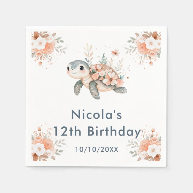 Cute Floral Turtle Birthday Party Serviette (Vorderseite)