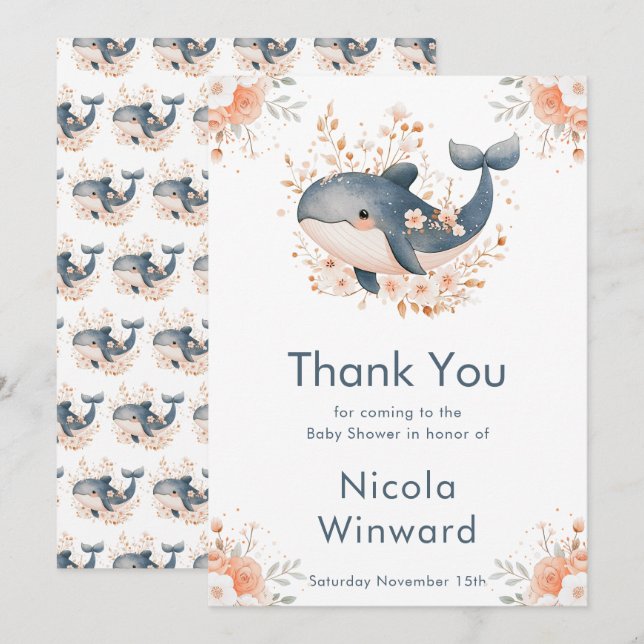 Cute Floral Whale Baby Shower  Dankeskarte (Vorne/Hinten)