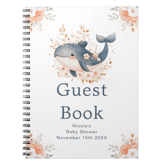 Cute Floral Whale Baby Shower Guest Book Notizblock (Vorderseite)