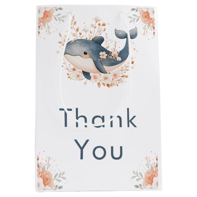 Cute Floral Whale Baby Shower  Mittlere Geschenktüte (Vorderseite)