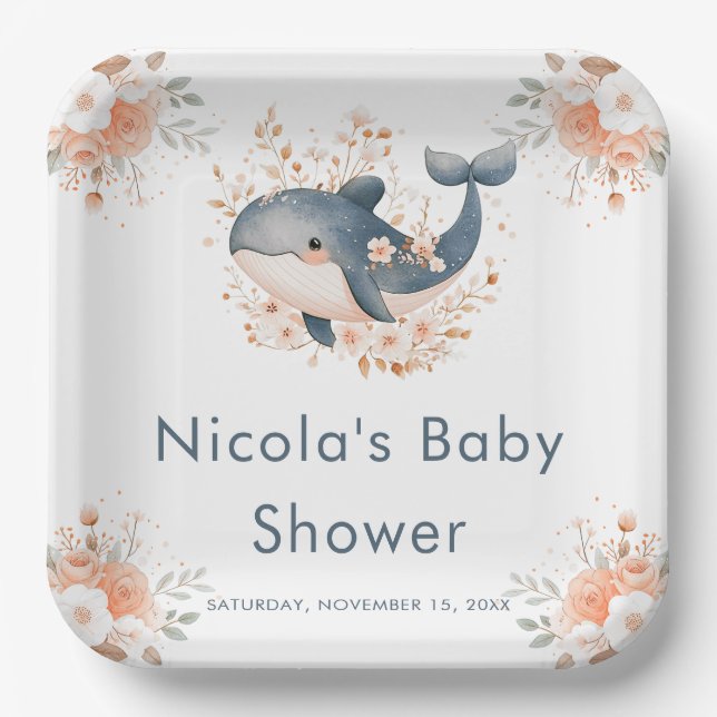 Cute Floral Whale Baby Shower Pappteller (Vorderseite)