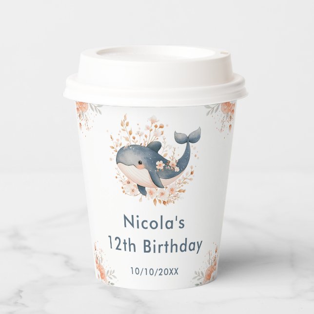Cute Floral Whale Birthday Party Pappbecher (Vorderseite)