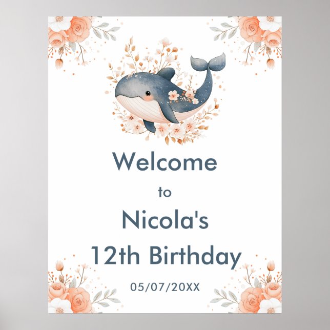 Cute Floral Whale Birthday Party Welcome Poster (Vorne)