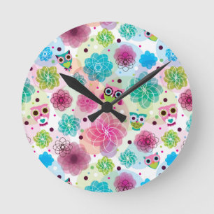 Cute flower owl background pattern runde wanduhr