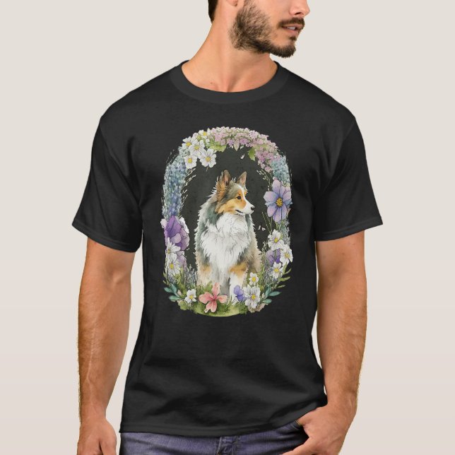 Cute Flower Sheltie summer Floral Shetland Sheepdo T-Shirt (Vorderseite)