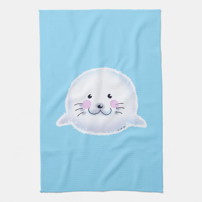 Cute Fluffy Baby Seal Illustration Geschirrtuch (Vertikal)