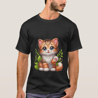 Cute Fluffy Ginger Cat Waving Hello Art ✨🐾🌿 T-Shirt