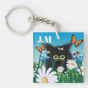 Cute Fluffy Kitten noir et marguerites Monogramme 