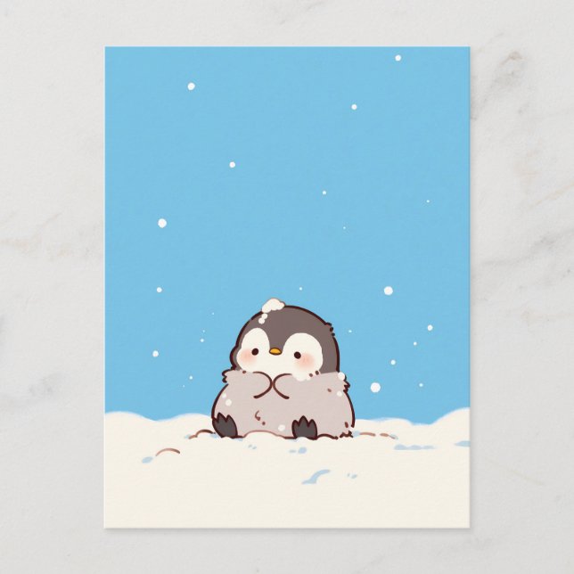 Cute Fluffy Penguin in Snowy Winter Landscape Postkarte (Vorderseite)