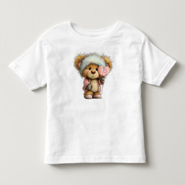 Cute Fluffy Teddy Bear in Winter Hat Kleinkind T-shirt (Vorderseite)