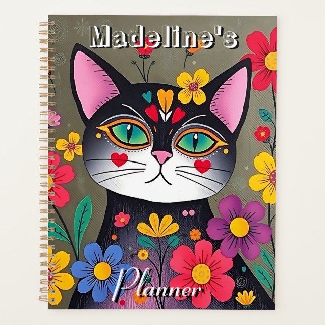 Cute Folk Art Chat et Fleurs Noir Personnalisé (Devant)