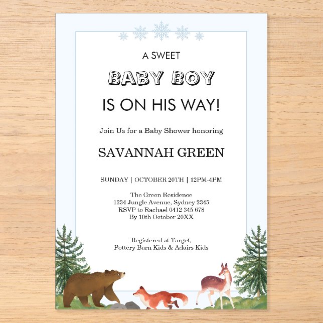 Cute Forest Animals Baby Boy Shower Design Acryleinladungen (Vorderseite)