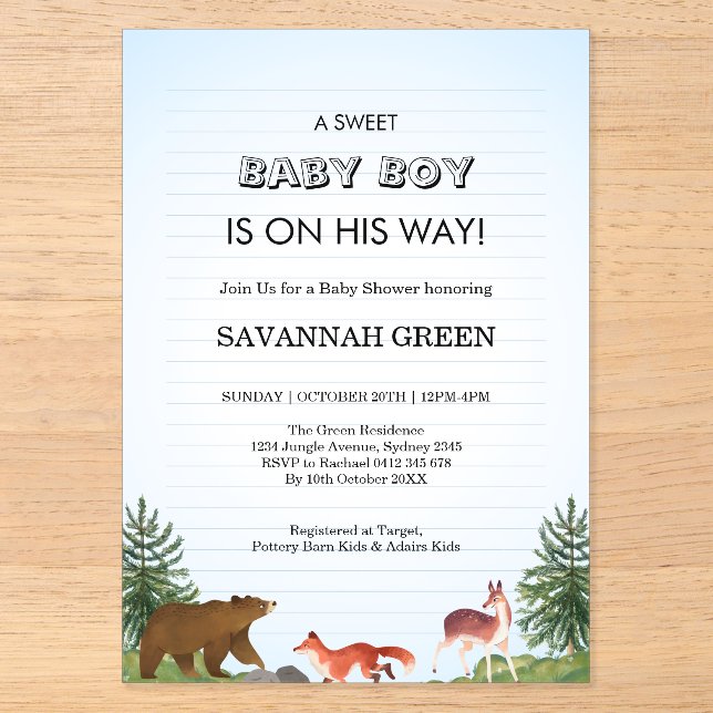 Cute Forest Animals Baby Boy Shower Design Acryleinladungen (Vorderseite)