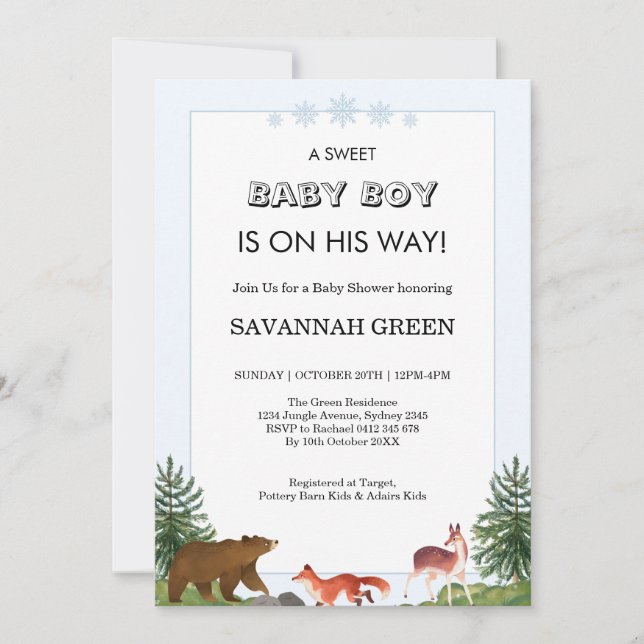 Cute Forest Animals Baby Boy Shower Design Einladung (Vorderseite)
