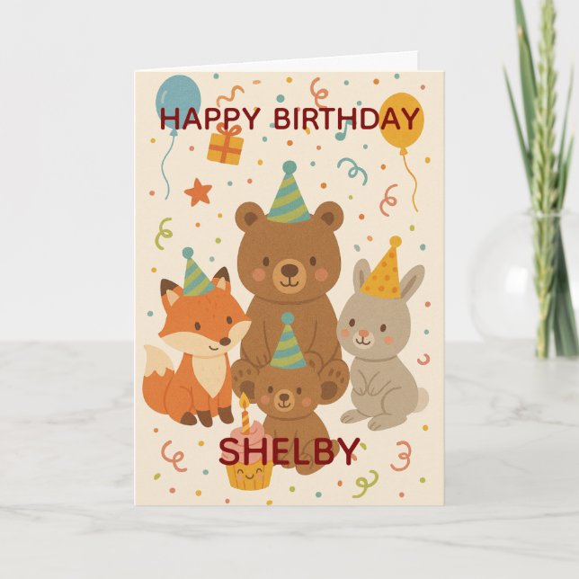 Cute Forest Animals Custom Birthday Karte (Vorderseite)