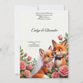 Cute Fox Bride and Groom Blush Pink Floral Einladung