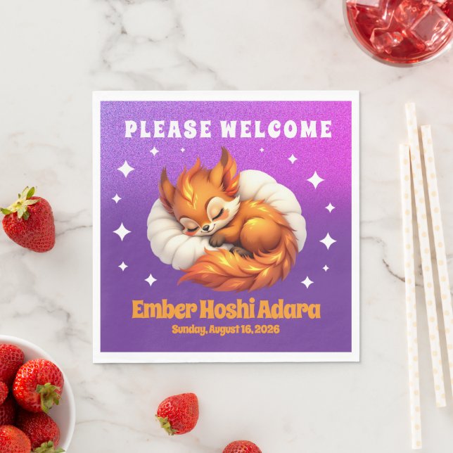 Cute Fox Cub Asleep in Starry Night Sky Serviette (Beispiel)