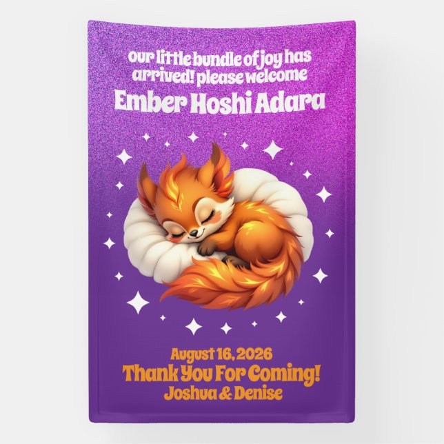Cute Fox Cub Asleep in Starry Sky Baby Welcome Banner (Vertikal)