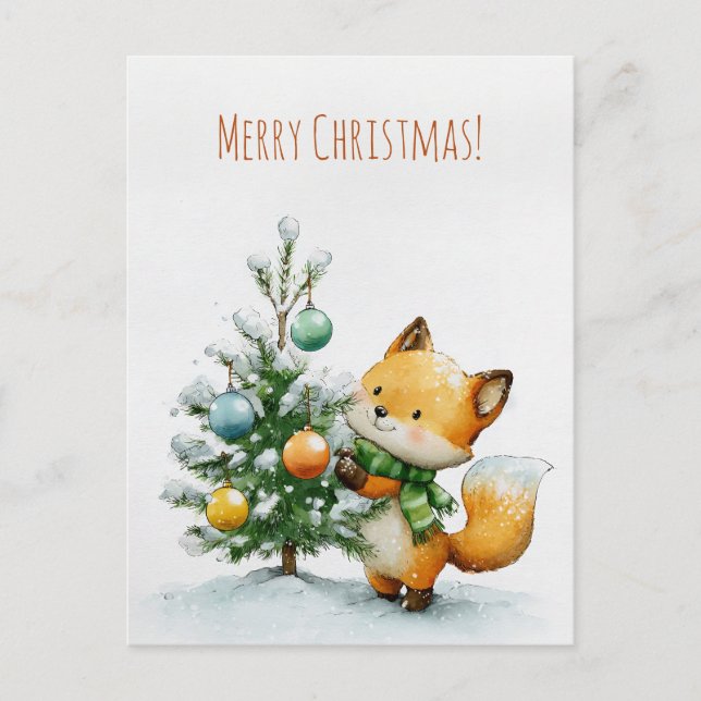 Cute fox decorating a small Christmas tree,  Postkarte (Vorderseite)