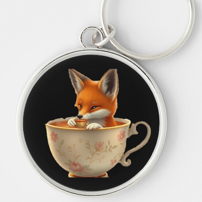 Cute Fox Drinking Tea on Groomsmen Gift Schlüsselanhänger (Vorne)
