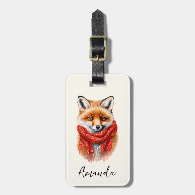 Cute Fox in a Red Scarf Autumn Image Gepäckanhänger (Vorderseite vertikal)