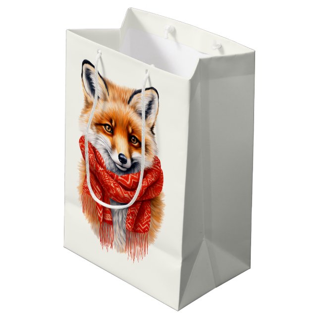 Cute Fox in a Red Scarf Autumn Image Mittlere Geschenktüte (Rückseite Schrägansicht)