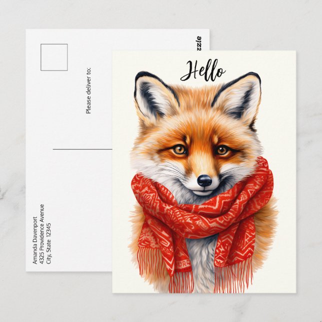 Cute Fox in a Red Scarf Autumn Image Postkarte (Vorne/Hinten)