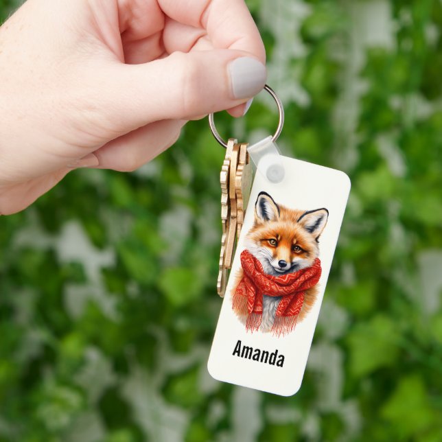 Cute Fox in a Red Scarf Autumn Image Schlüsselanhänger (Hand)