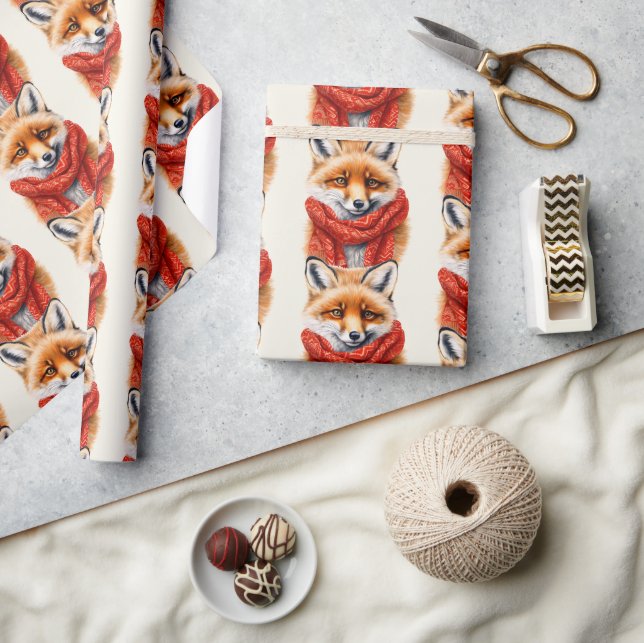 Cute Fox in a Red Scarf Autumn Pattern Geschenkpapier (Kunsthandwerk)