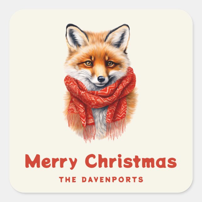Cute Fox in a Red Scarf Winter Christmas Quadratischer Aufkleber (Vorderseite)