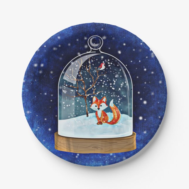 Cute fox inside a snow globe pappteller (Vorderseite)