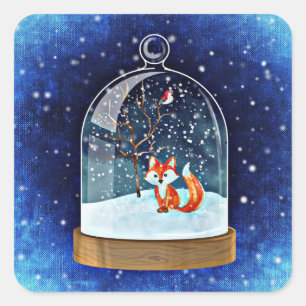 Cute fox inside a snow globe quadratischer aufkleber
