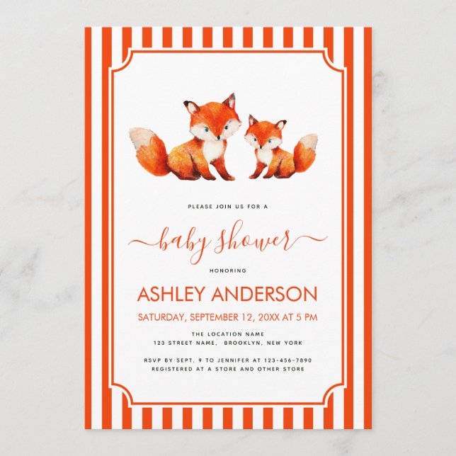 Cute Fox Mama and Baby Shower Animals Red Stripes Einladung (Vorderseite)