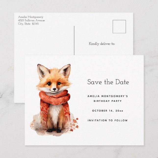 Cute Fox Pup in a Red Scarf Ankündigungspostkarte (Vorne/Hinten)