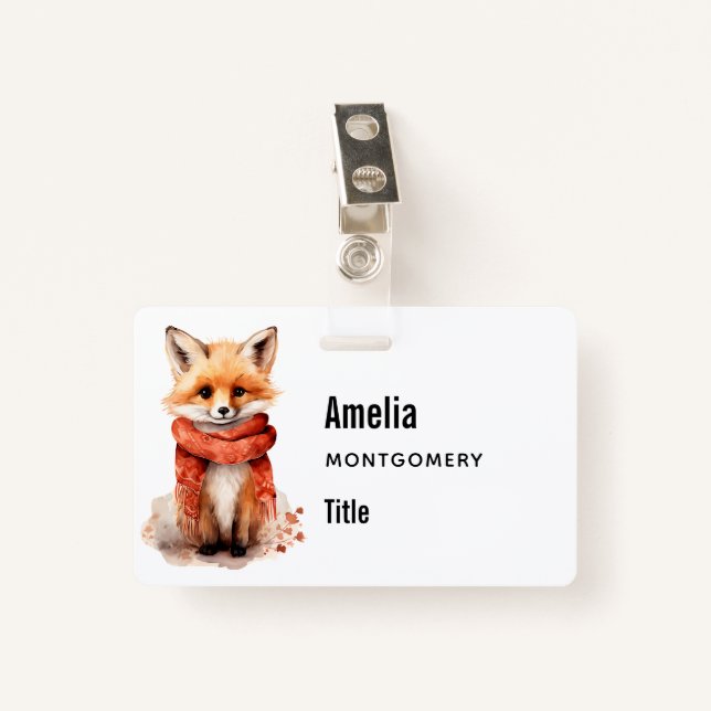 Cute Fox Pup in a Red Scarf Ausweis (Vorderseite mit Klammer)