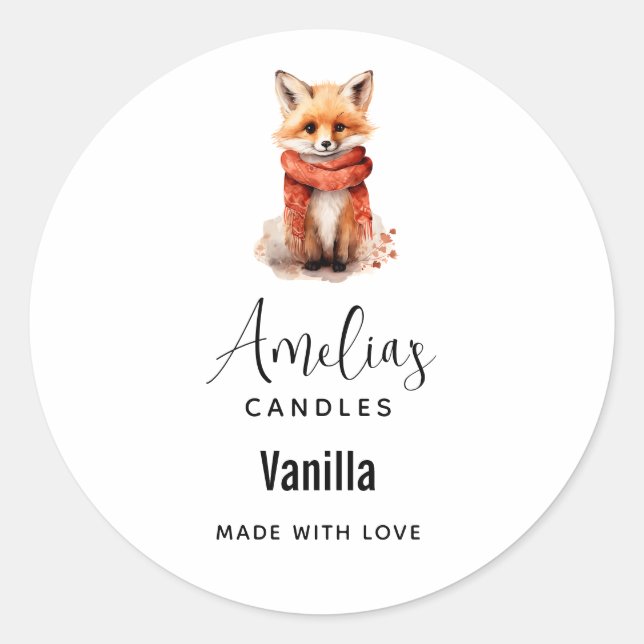 Cute Fox Pup in a Red Scarf Candle Business Runder Aufkleber (Vorderseite)