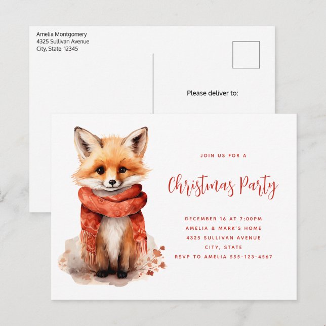 Cute Fox Pup in a Red Scarf Christmas Party Einladungspostkarte (Vorne/Hinten)