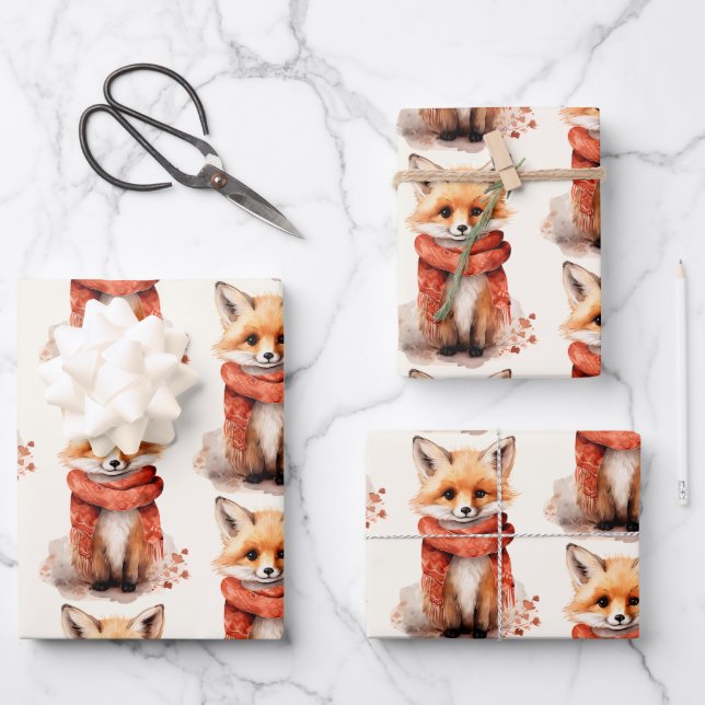 Cute Fox Pup in a Red Scarf Pattern Geschenkpapier Set (Vorderseite)