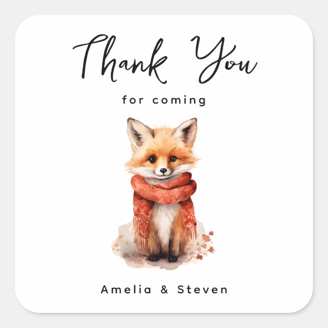 Cute Fox Pup in a Red Scarf Thank You Quadratischer Aufkleber (Vorderseite)
