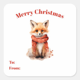 Cute Fox Pup in a Red Scarf To and From Gift Quadratischer Aufkleber