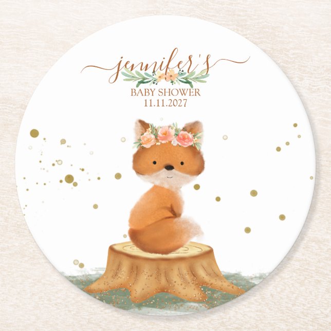 Cute Fox with Flower Crown Baby Shower Runder Pappuntersetzer (Vorderseite)