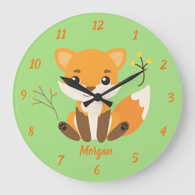 Cute Fox Woodland Nursery Green and Orange Große Wanduhr (Vorderseite)