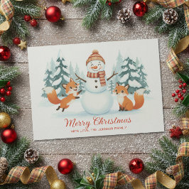 Cute Foxes and Snowman Merry Christmas Feiertagskarte