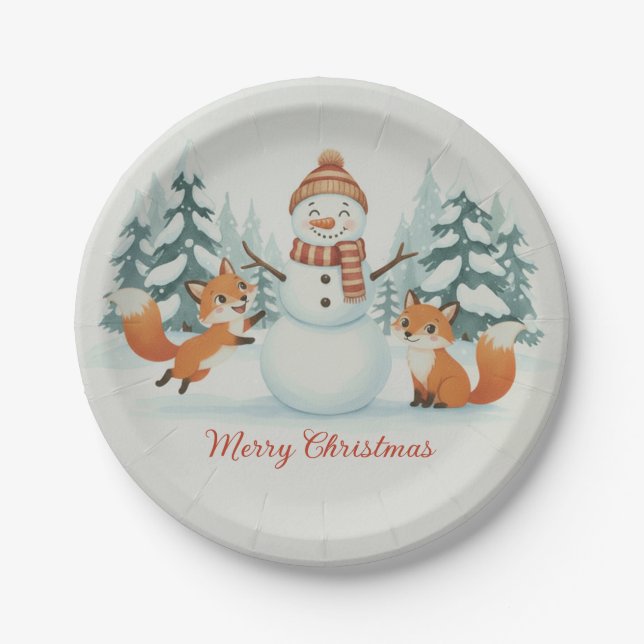 Cute Foxes and Snowman Merry Christmas Pappteller (Vorderseite)