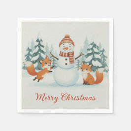 Cute Foxes and Snowman Merry Christmas Serviette